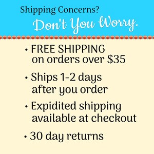 Puede incluir: Gr&aacute;fico con el texto "Shipping Concerns? Don't You Worry." y vi&ntilde;etas: Env&iacute;o gratuito en pedidos superiores a 35 $, env&iacute;o 1-2 d&iacute;as despu&eacute;s de realizar el pedido, env&iacute;o urgente disponible y devoluciones de 30 d&iacute;as. El fondo es amarillo claro y azul.