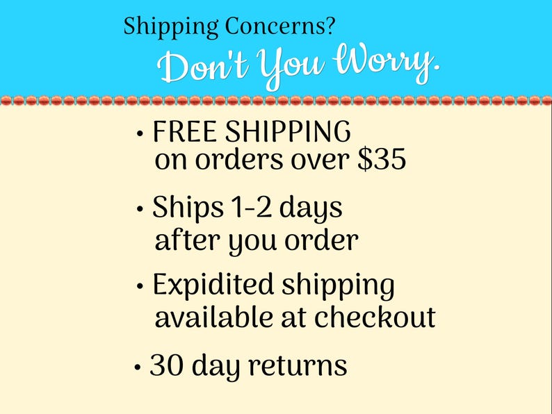 Puede incluir: Gr&aacute;fico con el texto "Shipping Concerns? Don't You Worry." y vi&ntilde;etas: Env&iacute;o gratuito en pedidos superiores a 35 $, env&iacute;o 1-2 d&iacute;as despu&eacute;s de realizar el pedido, env&iacute;o urgente disponible y devoluciones de 30 d&iacute;as. El fondo es amarillo claro y azul.