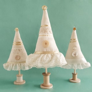 Fabric Christmas Trees - Set of 3 Holiday Mini Trees - Farmhouse Mantel Decor - Cottagecore Tabletop Centerpiece - Heirloom Xmas Decorations