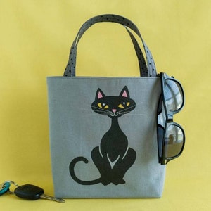 Black Cat Small Tote - Kitten Lover's Gift - Mini Canvas Bag - Crazy Cat Lady Gift - Feline Craft Project Bag - Pet Lovers Birthday Present