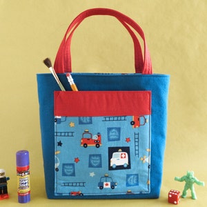 Emergency Vehicles Tote for Boys Small Tote of Fire Truck Toy Bag or Kids Library Book Carryall for Nephew Gift or Toddler Birthday Bag