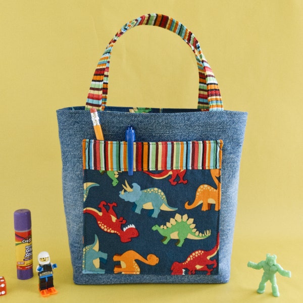 Boys Small Tote Dinosaur Toy Bag for Kids Library Book Carryall for Nephew Childs Birthday Gift Bag for Toddler Travel Tote for Grandson