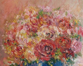 Flowers Vase Painting PRINT Giclée - Bouquet of Flowers Red Roses Painting Pink Roses Still Life Impressionism Style