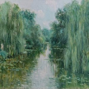 River Landscape Willow Tree Painting 10" x 12" - Water Lilies Painting Provence Landscape - French Impressionism Riverscape Painting