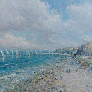 Seascape Painting 7&quot; x 9.5&quot; - Deauville Beach Painting Ocean Painting - Sailboat Painting Yacht Sailing Regatta - Sea Shore Impressionism