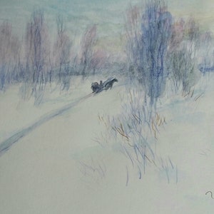 Winter Watercolor Landscape Painting: Snow Scene with Harnessed Horses