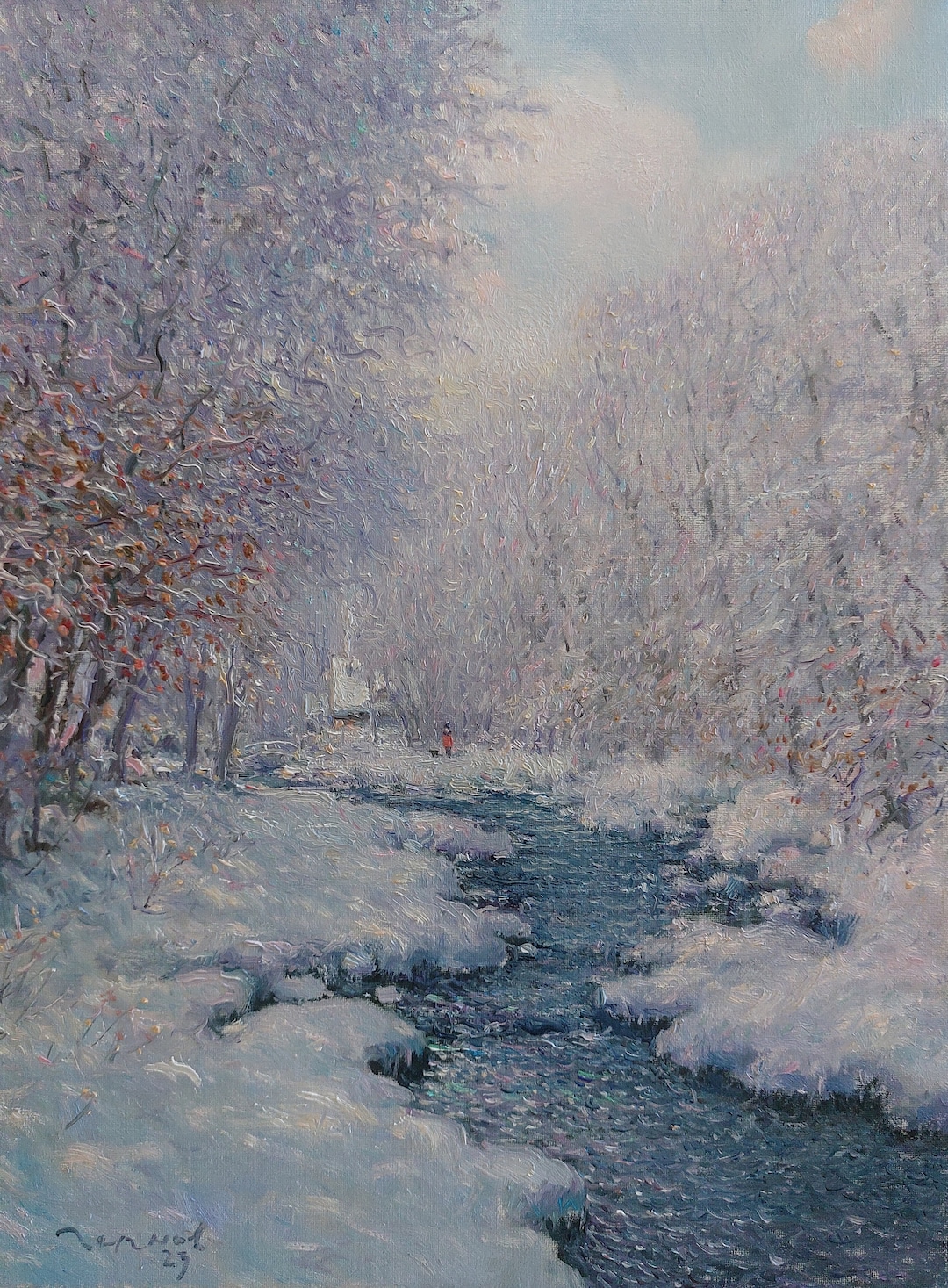 Winter Landscape Snowy River Scene Oil Painting 16