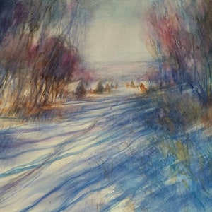 Winter Snow Scene Watercolor Painting: Impressionism Landscape (12&quot; x 16&quot;)