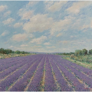 Lavender Field Painting Oil Original 24&quot; x 24&quot; - Provence Landscape French Impressionism - Square Painting French Scenery Rural Landscape