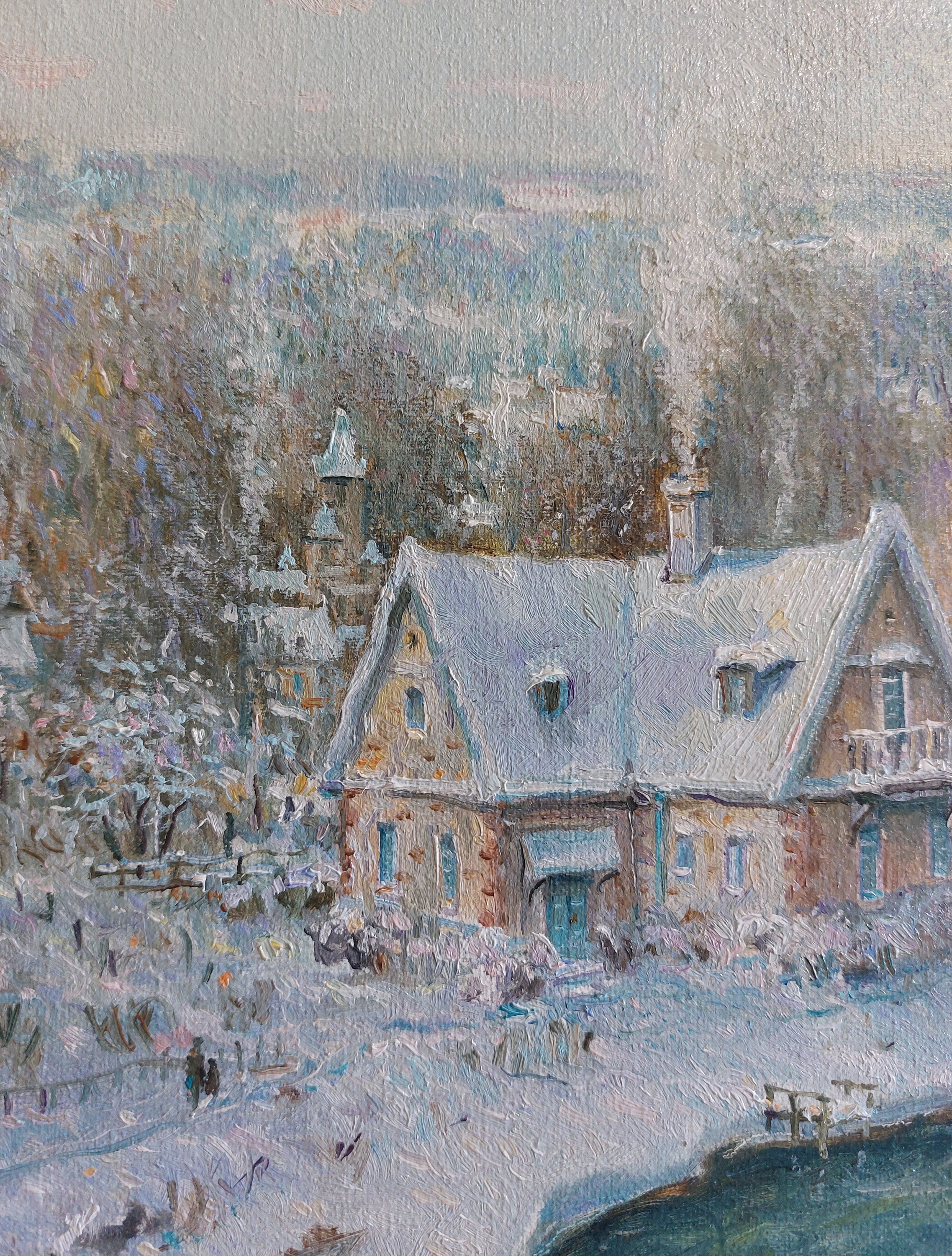 冬の風景画 川 オリジナル 14インチ x 18インチ - 雪景色 フランス