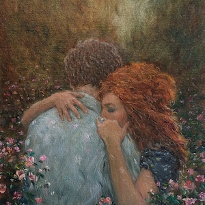 Couple in Love Figurative Painting 10&quot; x 8&quot; - Love Story Painting Hugging Couple - Romantic Art Impressionism Style Man and Woman