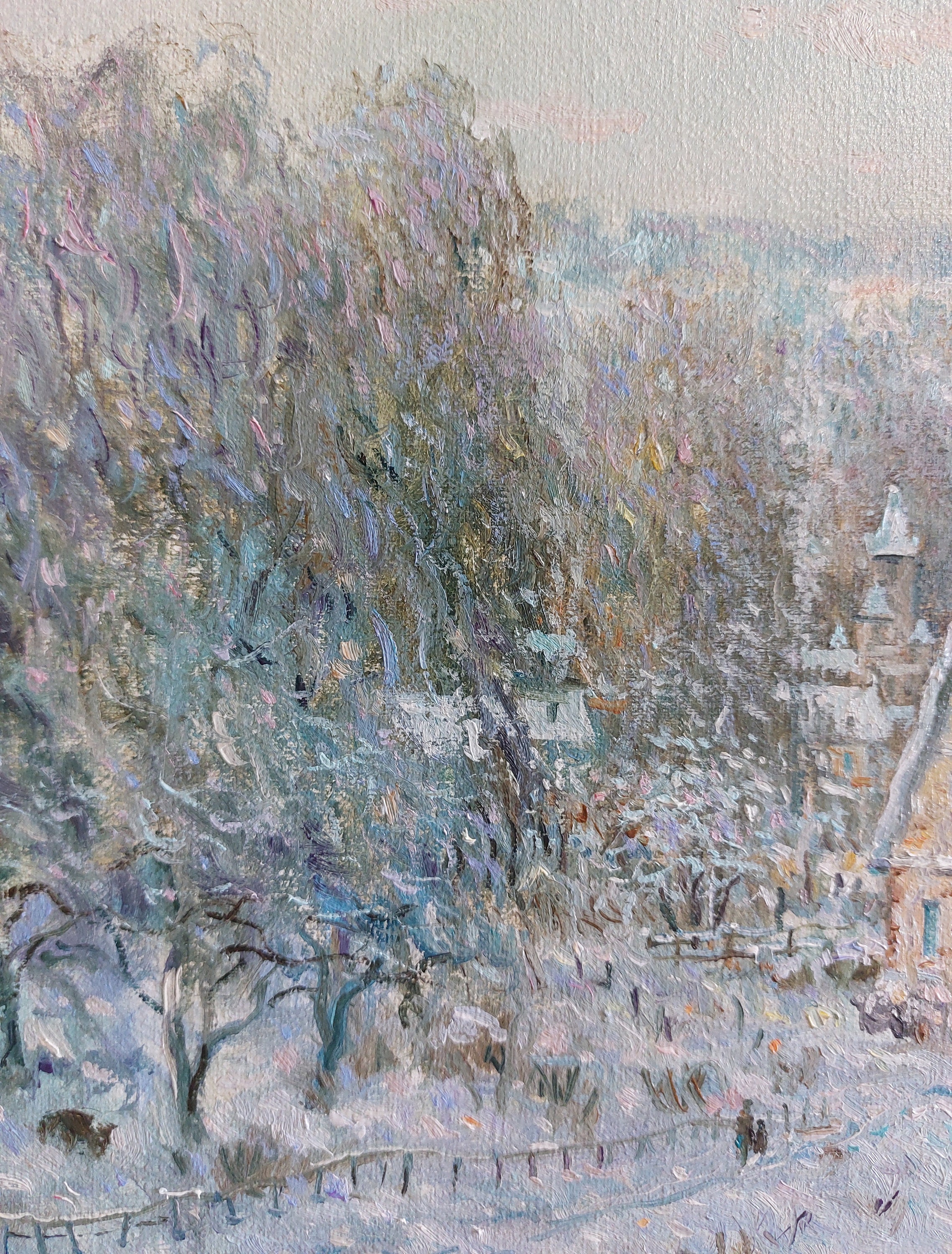 冬の風景画 川 オリジナル 14インチ x 18インチ - 雪景色 フランス