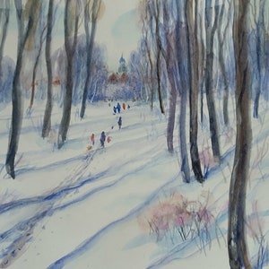 Winter Village Watercolor Painting: Snow Landscape Impressionism 8.3&quot; x 12&quot;