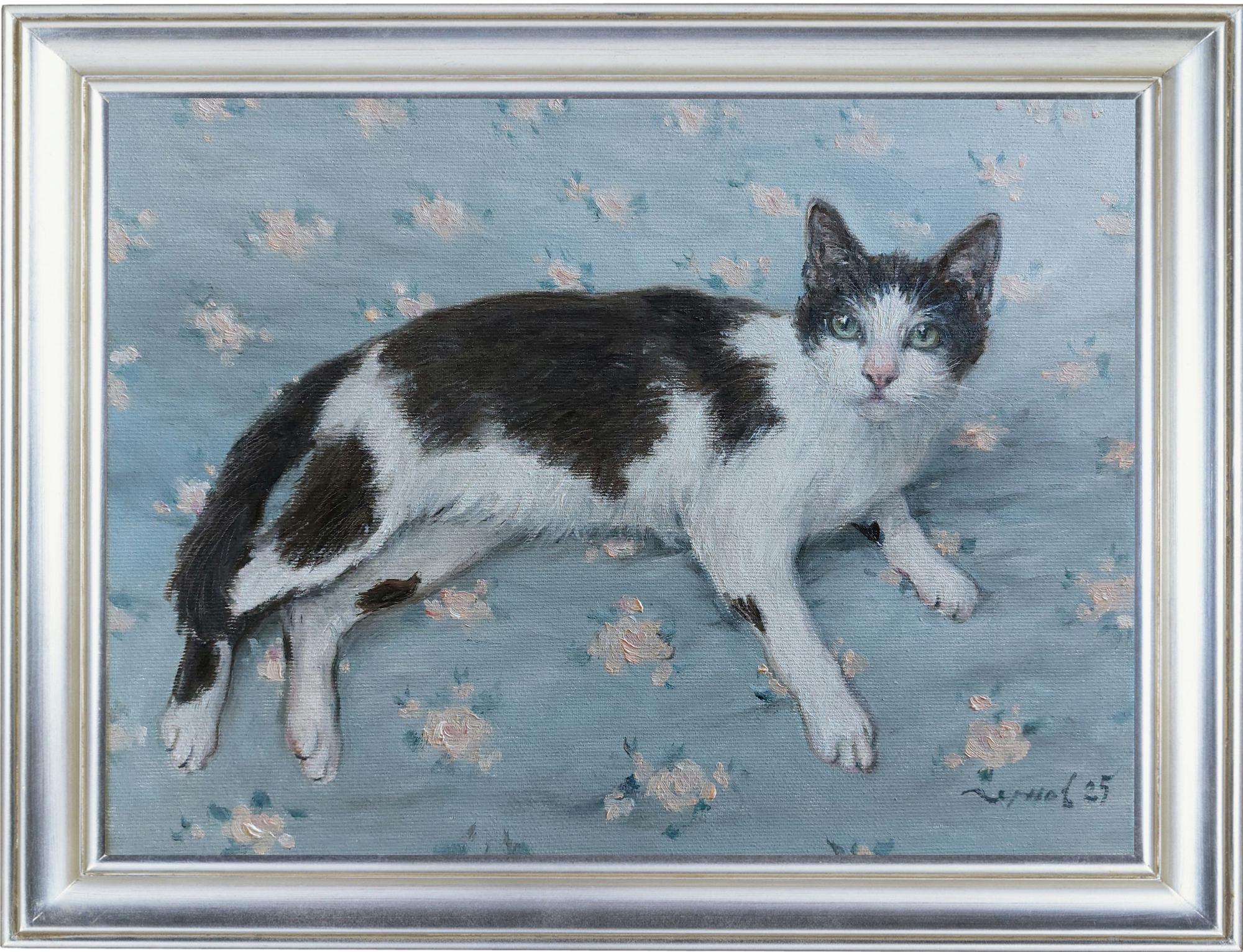 白黒猫の絵画 オリジナル 10インチ x 14インチ - 横たわる猫の動物