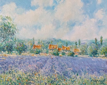 Peinture à l'huile de paysage de lavande en Provence 20 x 25 cm - Champ de lavande impressionnisme français - Petit paysage de Provence