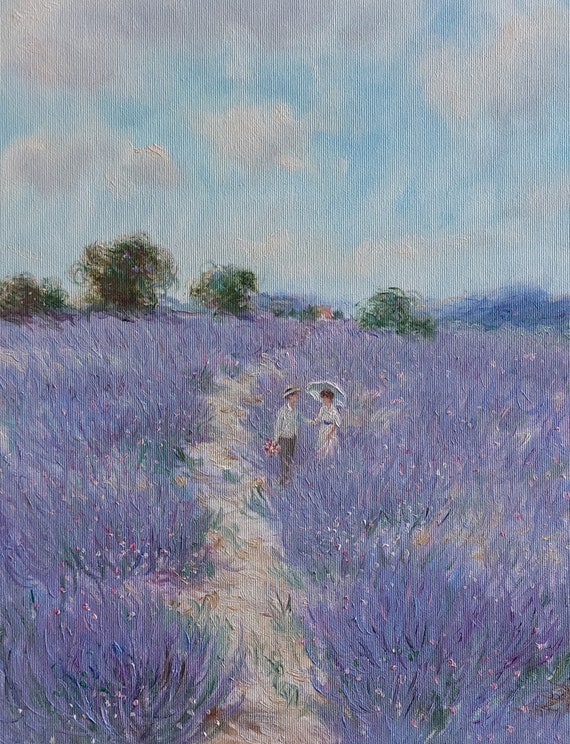 油絵 絵画【ラベンダー】 ラベンダー畑の油絵 20インチ x 20インチ 愛し合うカップルの