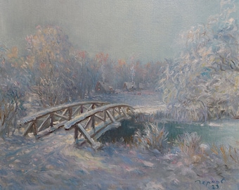冬の風景画 川の絵 橋 10インチ x 12インチ - 雪景色 印象派スタイル