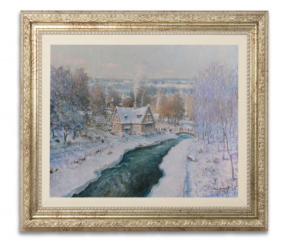 冬の風景画 川 オリジナル 14インチ x 18インチ - 雪景色 フランス