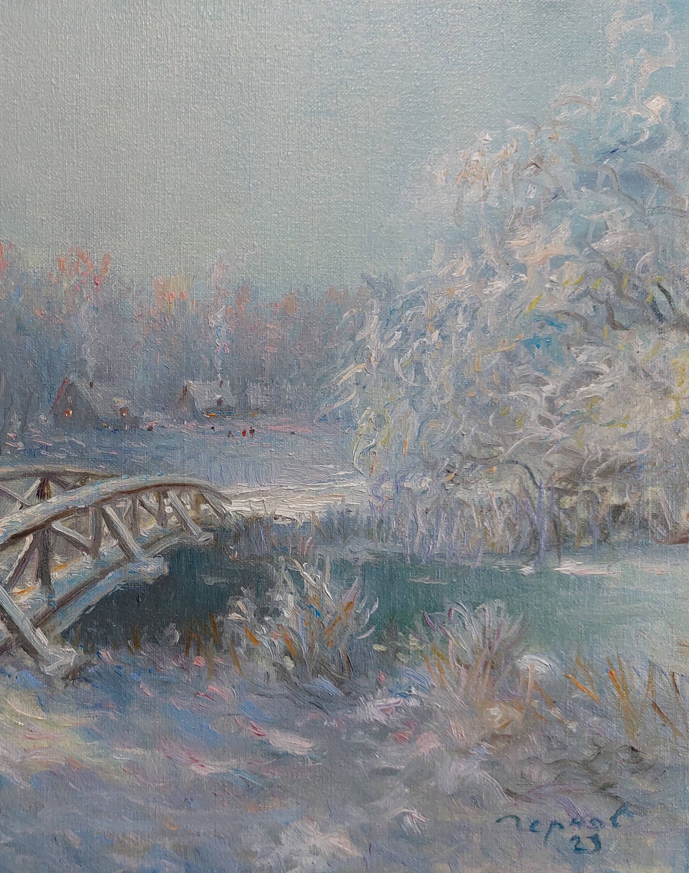 冬の風景画 川の絵 橋 10インチ x 12インチ - 雪景色 印象派