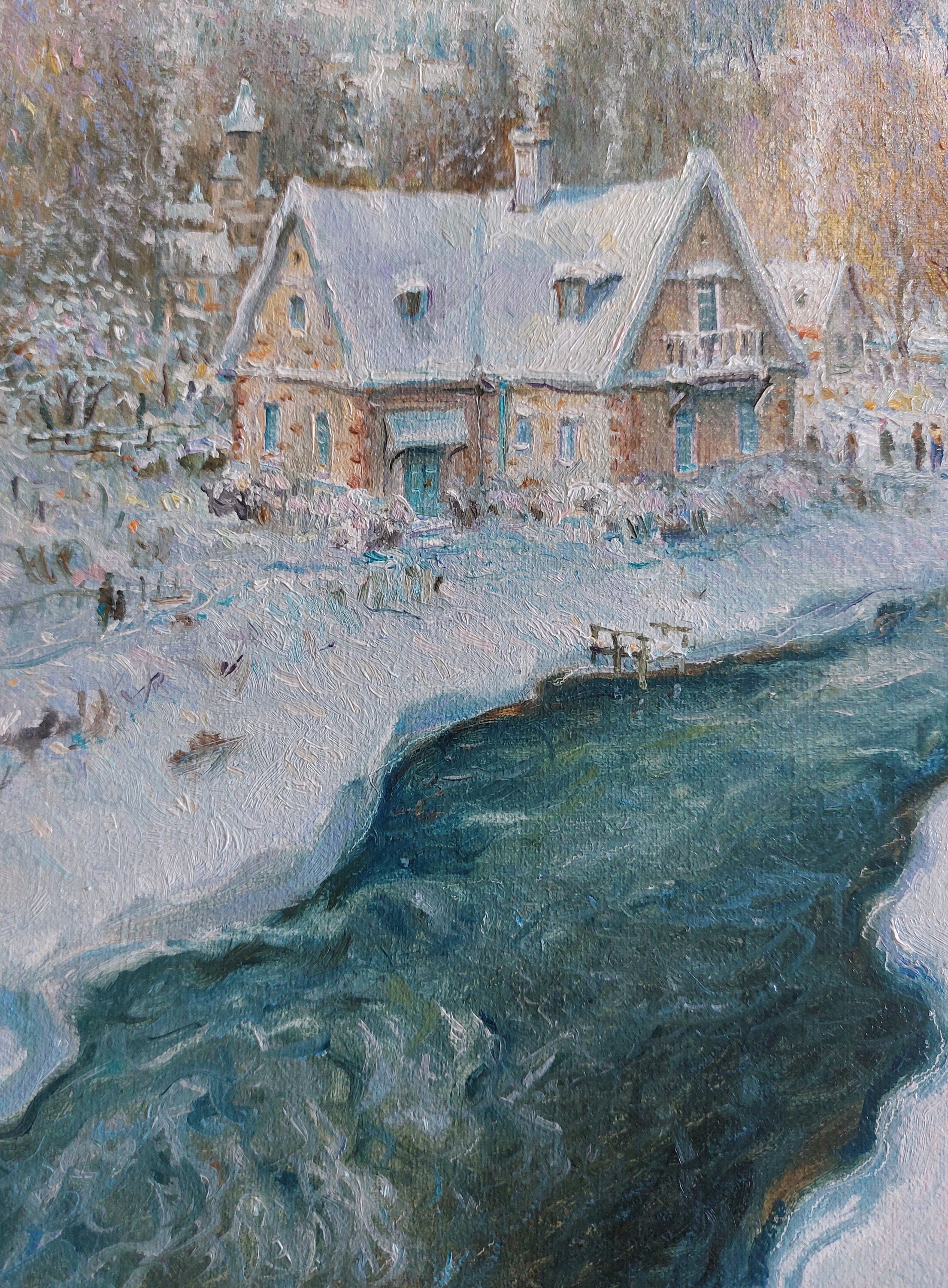 冬の風景画 川 オリジナル 14インチ x 18インチ - 雪景色 フランス