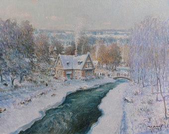 ルーヴシエンヌの雪 - アルフレッド・シスレーの手描き油絵複製、冬の