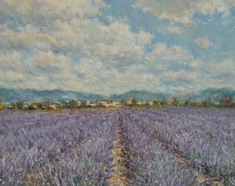 Lavender Field Painting Oil Original 10" x 14" - Provence Landscape French Impressionism - French Country Rural Landscape Small Landscape