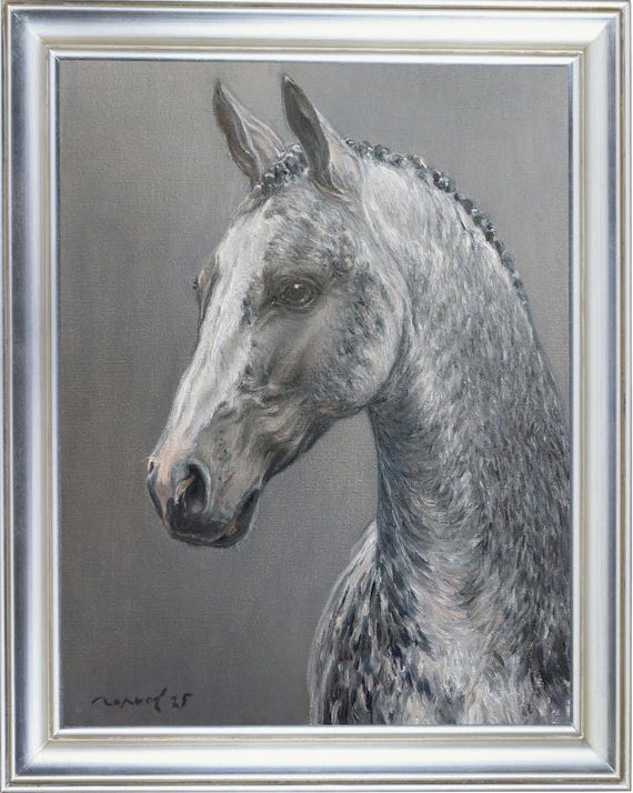 馬の絵画 16インチ x 12インチ - 灰色の馬の肖像 - 動物主義の絵画