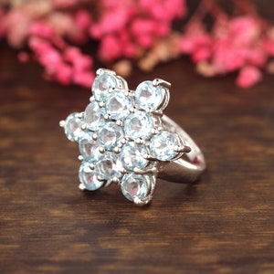 Blue topaz cocktail women ring-Blue Topaz statement celestial star ring-Victorian Antique ring silver-Anniversary gift-vintage cluster ring