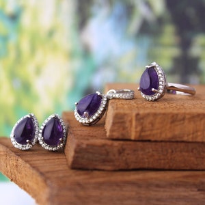 Amethyst wedding Jewelry Set-Bridal Jewelry Set, teardrop halo Jewelry, Ring Earring Pendant Set, halo Jewelry set, Purple gemstone jewelry