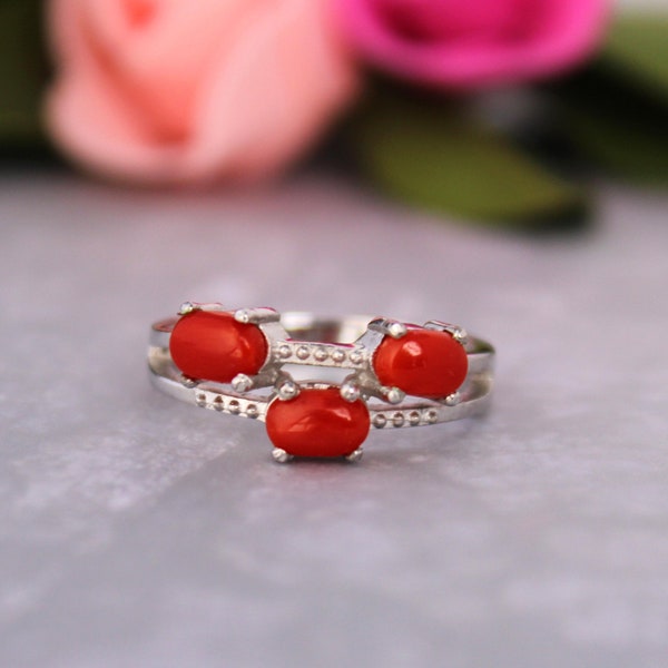 Anneau de corail-Multi Gem Ring Corail 925 Argent-vintage Coral Stack Ring-Oval Cluster Ring Coral-Coral Cabochon Ring-Octobre Birthstone Ring