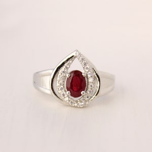 Genuine Ruby Ring-Art Deco Ruby Ring 925 Silver-Statement Ring Ruby-Oval Ruby Cluster Ring-July Birthstone Ring-Red Ruby Wedding Ring Gift