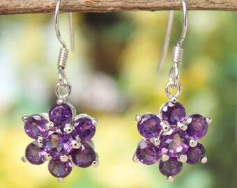 Amethyst Dangle Minimal Earrings, February Birthstone Earring, Art Deco Floral Dangles-Simple Amethyst Dangle Round Floral Dangle 925 silver