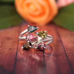 Multi Tourmaline Art Deco Ring 925 Silver-Twig Ring-Multi Gemstone Ring-Cluster Tourmaline Ring-October Birthstone Ring-Tourmaline Halo Ring
