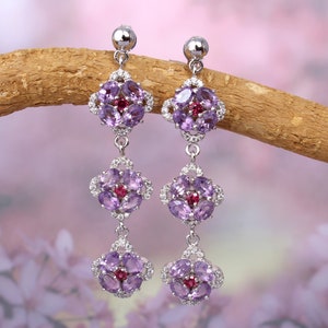 Amethyst long flower earrings,Dainty Purple floral dangle earrings,Multi stone silver earrings,bridal earrings, wedding jewelry,prom jewelry