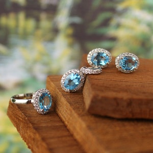 Swiss Blue Topaz Jewelry Set-Swiss Topaz Earring Ring Set-Wholesale Jewelry Set-Statement Topaz Set-Jewelry Set Deal-Bridal Gift Set