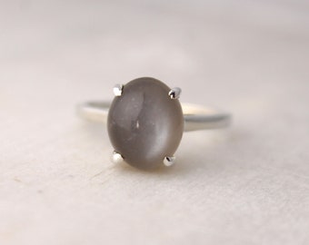 Grey moonstone 925 Handmade Silver ring-Simple Moonstone Solitaire Ring-Moonstone Cabochon Ring-June Birthstone Ring-Vintage moonstone Ring