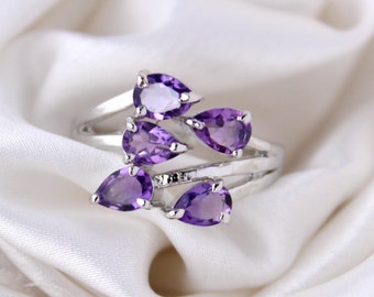 Natürlicher Amethyst Ring-Amethyst Tropfen Ring 925 Silber-Amethyst Zweig Ring-Multi Edelstein Statement Ring-Cluster Ring-Februar Geburtsstein Ring