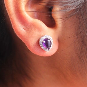 Amethyst Cluster stud Earrings, Feb Birthstone Earrings, Amethyst 9x7 mm Minimal studs, Amethyst Gift Idea for her, 925 silver earring-Stud