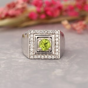 Peridot solid square Ring silver-Classic man woman signet ring-Peridot silver ring-gemstone bohemian wide ring band-art deco vintage ring