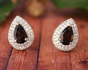 Smoky Earrings Stud-Vintage Earrings-925 silver Smoky quartz Pear Stud-Boho Smoky quartz Earring-Brown Quartz Stud-Cluster Earring smoky