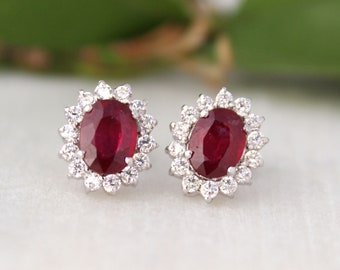 Boucles d’oreilles Rubis Stud-Juillet Pierre de naissance Ruby Stud-Cluster Ruby Stud-vintage Boucle d’oreille Stud-Ovale Rubis vintage Stud-Ruby Boucles d’oreilles en argent-Cadeau de mariée