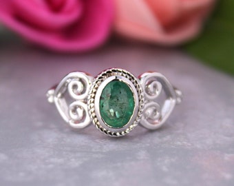 Natural Emerald Vintage Ring-Emerald Oval Art Deco 925 Silver-Oval Zambian Emerald Proposal Ring-May Birthstone Ring -Engagement Ring gift