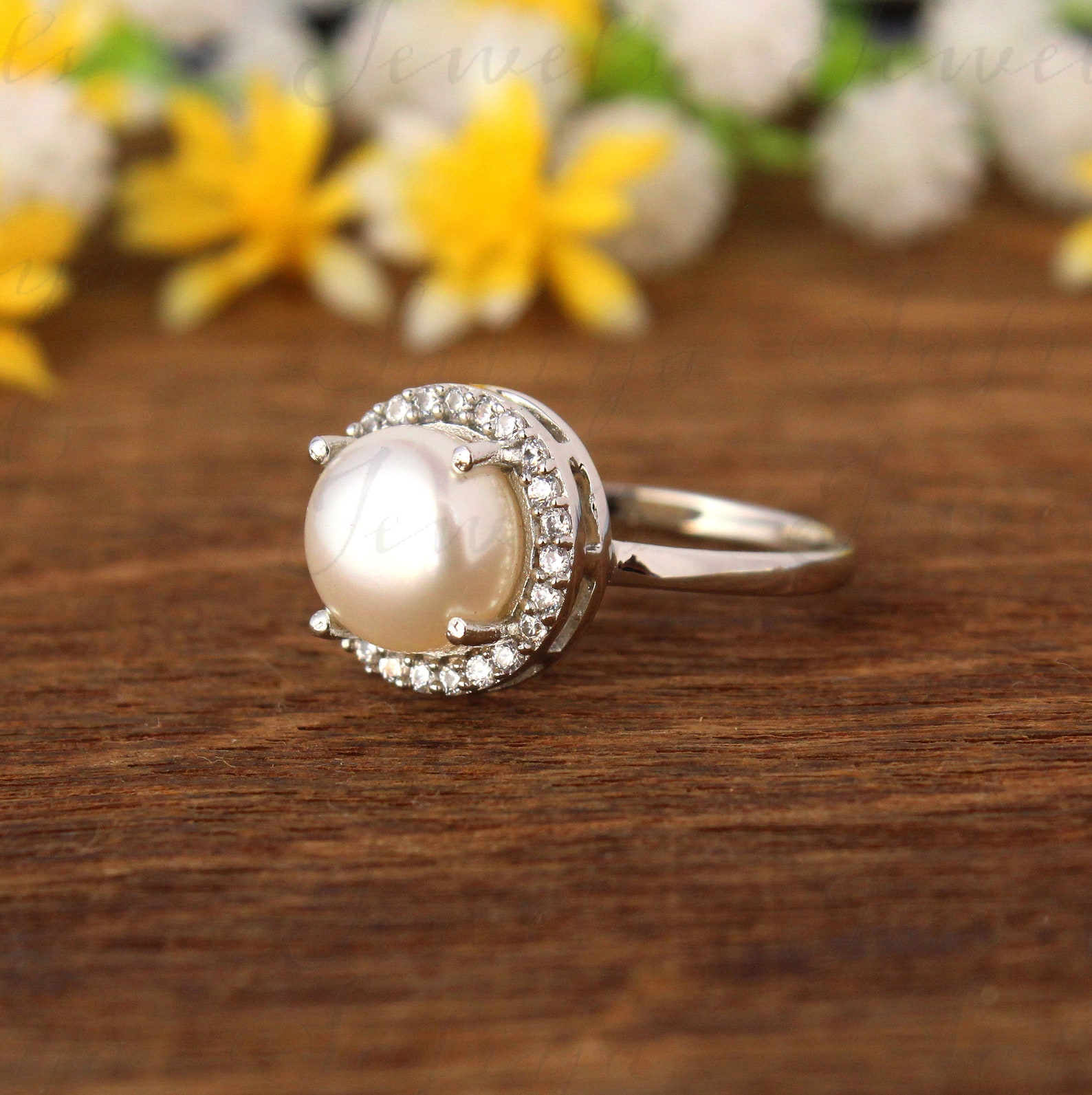 Round Pearl Halo Ring/ Art Deco Genuine Pearl Ring/ Wedding - Etsy