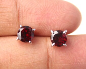Natural Garnet 7x7Earrings-Garnet Stud Earrings-925 Sterling Silver-Tiny Bridesmaid gift-Dainty Minimalist Earrings-january birthstone .