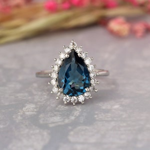 London Blue topaz pear cut halo Ring-London Topaz Art deco Engagement ring-Vintage Promise Ring-Dainty tear drop ring-wedding jewelry silver