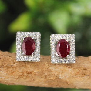 Natural Ruby Stud Earrings -Vintage Studs -Ruby Halo statement earrings -July Earring -Oval Ruby Vintage Stud -Dainty Earrings- Bridal Gift