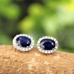 Art deco Sapphire Studs, Sapphire Halo studs, Sapphire CZ studs earring,wedding jewelry, Holiday gift Birthstone jewelry, Best birthday gift