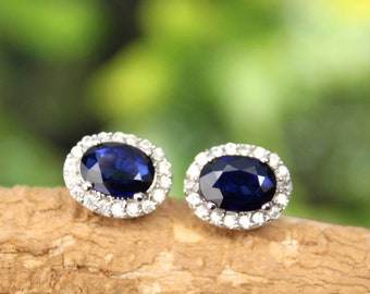 Art deco Sapphire Studs, Sapphire Halo studs, Sapphire CZ studs oorbel, bruiloft sieraden, Holiday gift Birthstone sieraden, Beste verjaardagscadeau