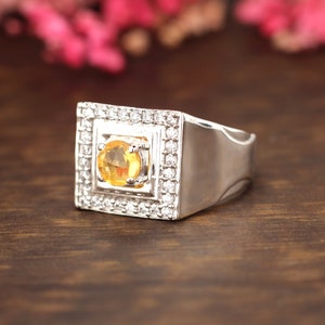 Golden topaz solid signet Ring silver-Classic man woman ring-wide silver thumb ring-square artdeco ring-round citrine antique ring,boho ring