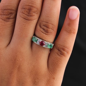 Natural Emerald Ring Band-Multistone ring-Statement Band-Ruby Eternity Ring-Ruby Emerald Silver Ring-Handmade Ring band -Stackable band